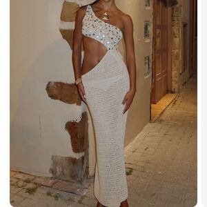 White Fox Boutique One-Shoulder Crochet Maxi Dress in Cream